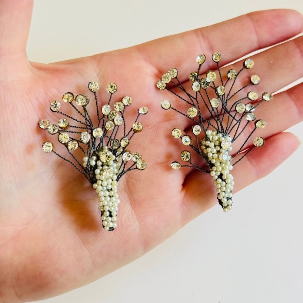 VTG Earrings Clip Pearl Crystal Rhinestone Jeweled Branch Statement bridal rare
